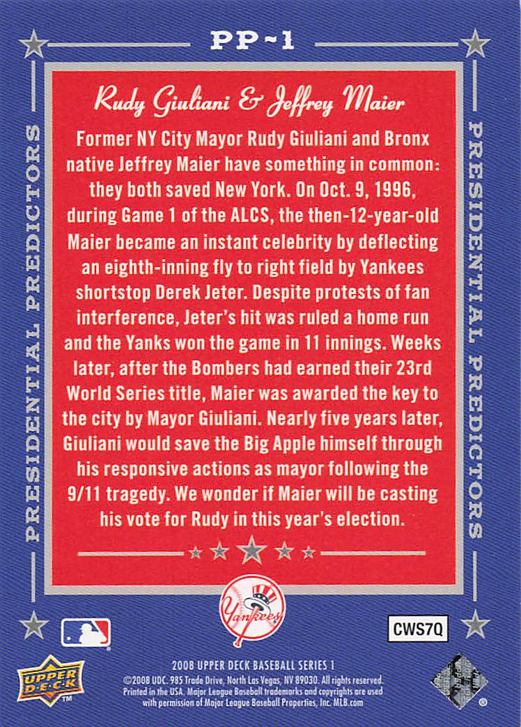 2008 Upper Deck Baseball Presidential Predictors Rudy Giuliani #PP-1