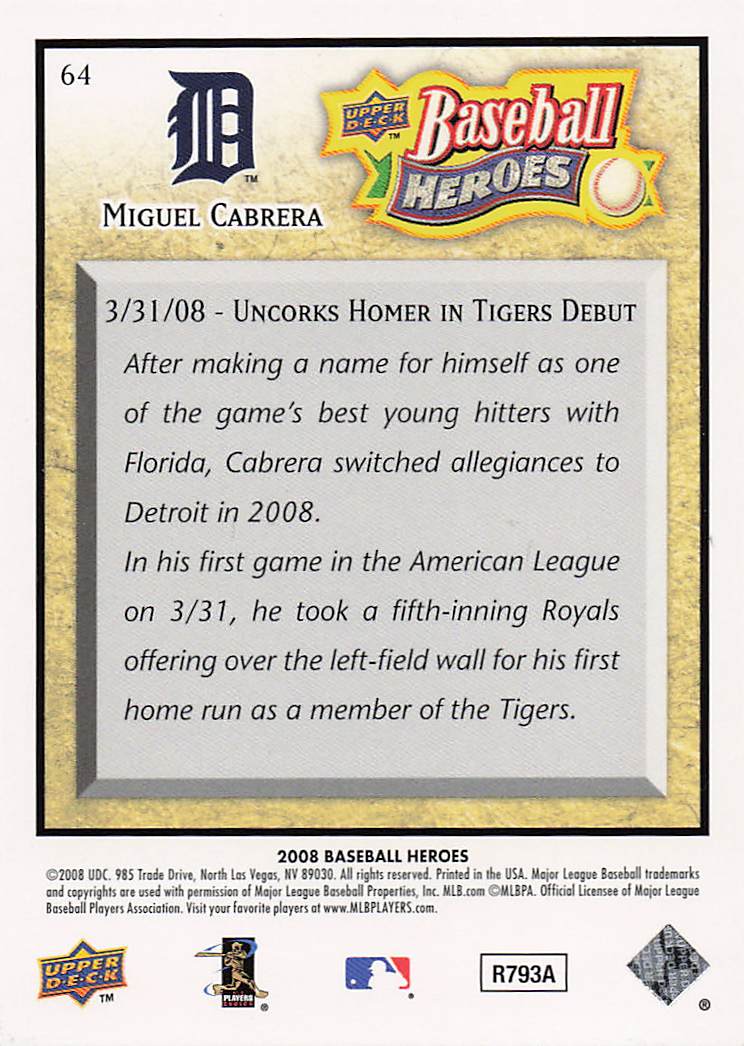 2008 Upper Deck Baseball Heroes Baseball Miguel Cabrera #64