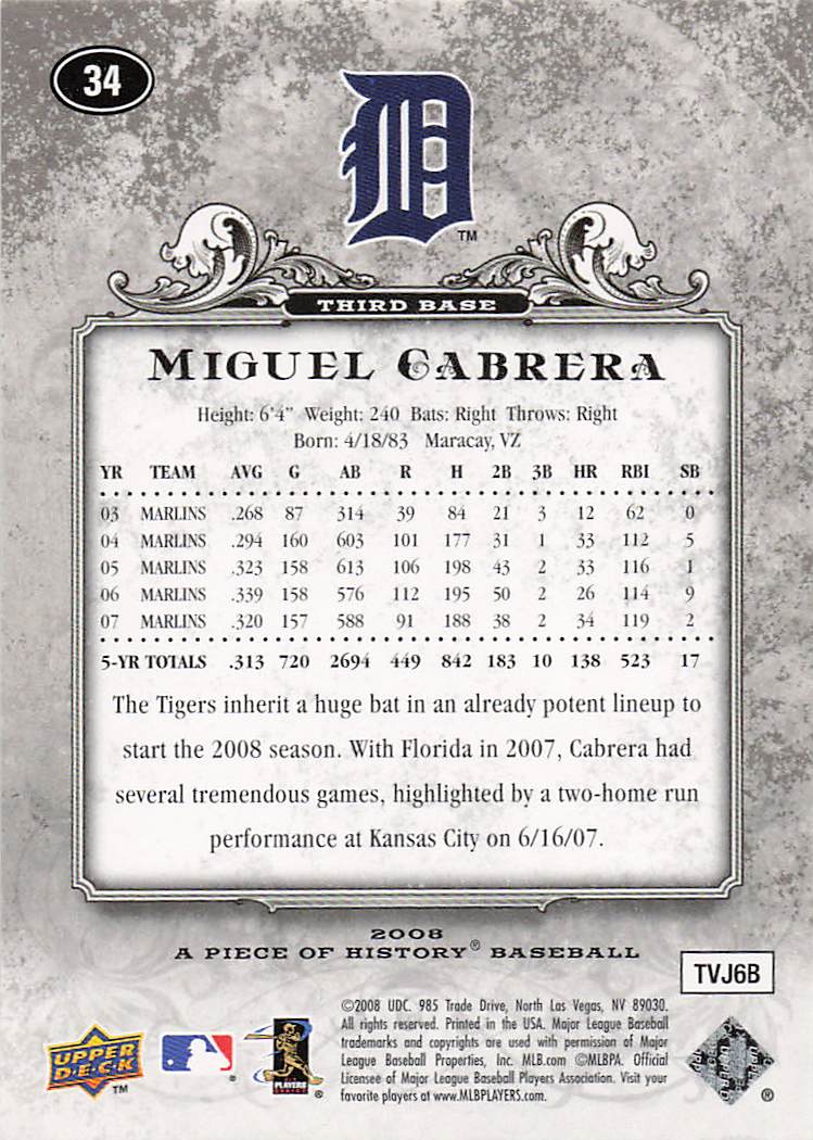 2008 Upper Deck A Piece of History Baseball Miguel Cabrera #34