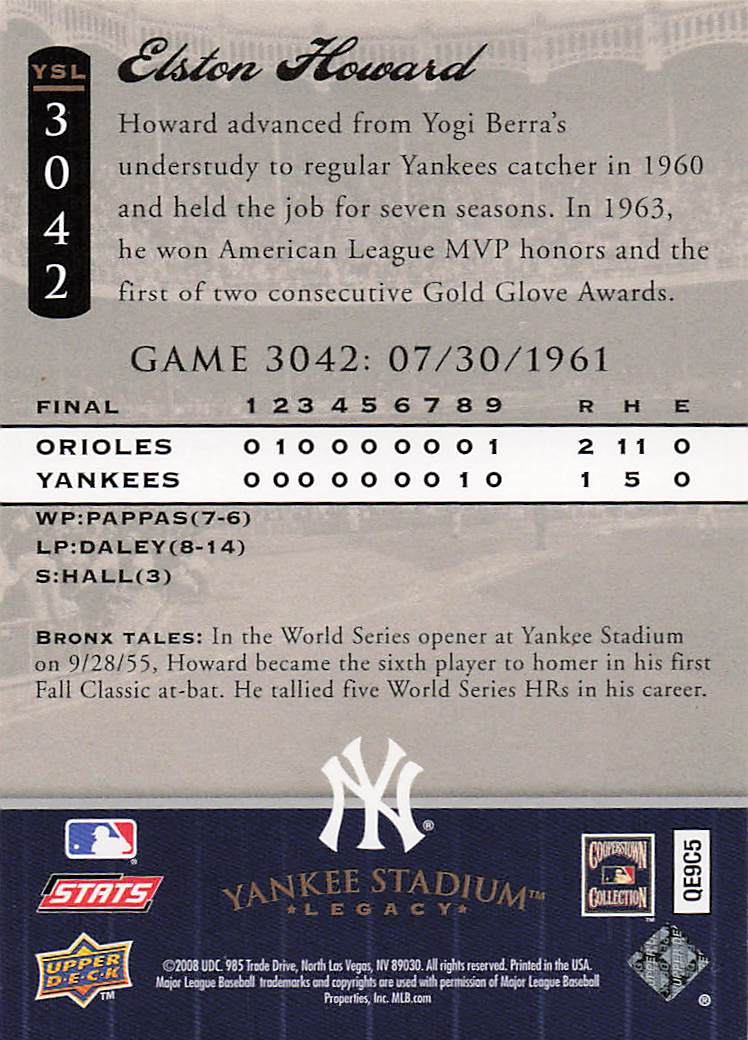 2008 Upper Deck Yankee Stadium Legacy Baseball Elston Howard #3039