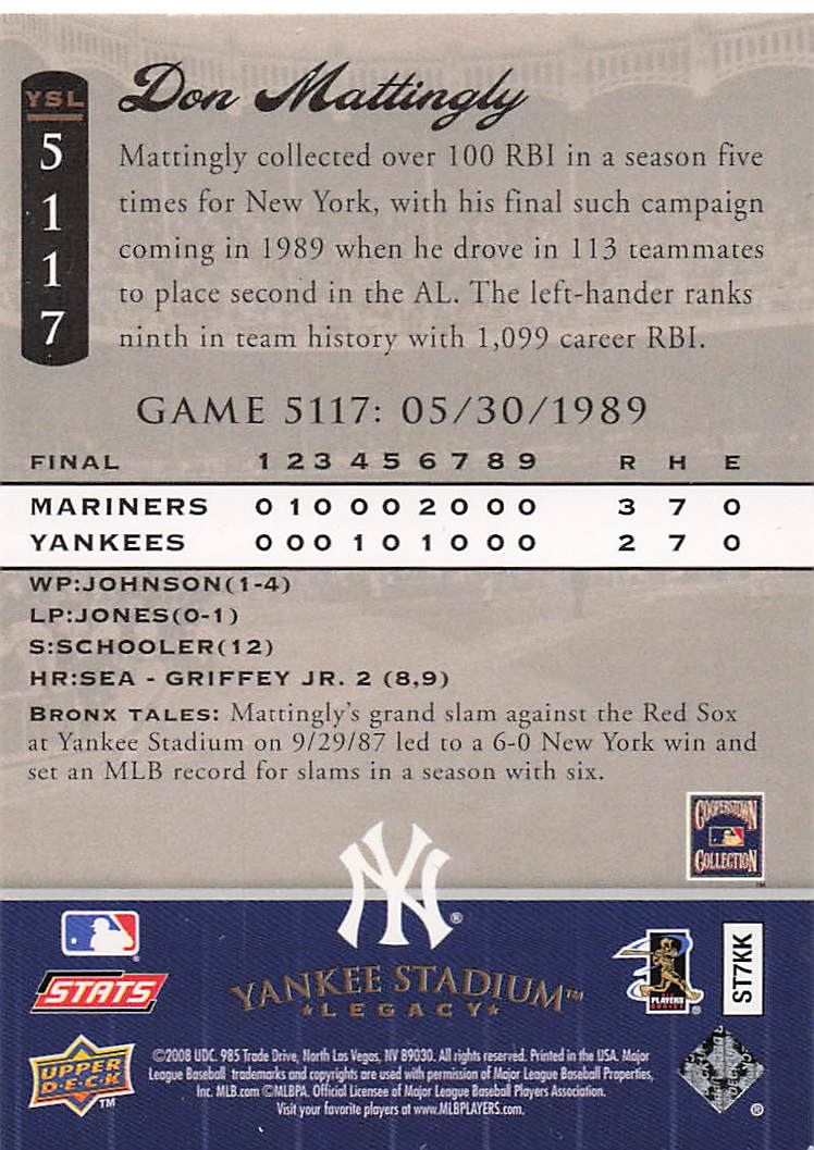 2008 Upper Deck Yankee Stadium Legacy Baseball Don Mattingly #5127