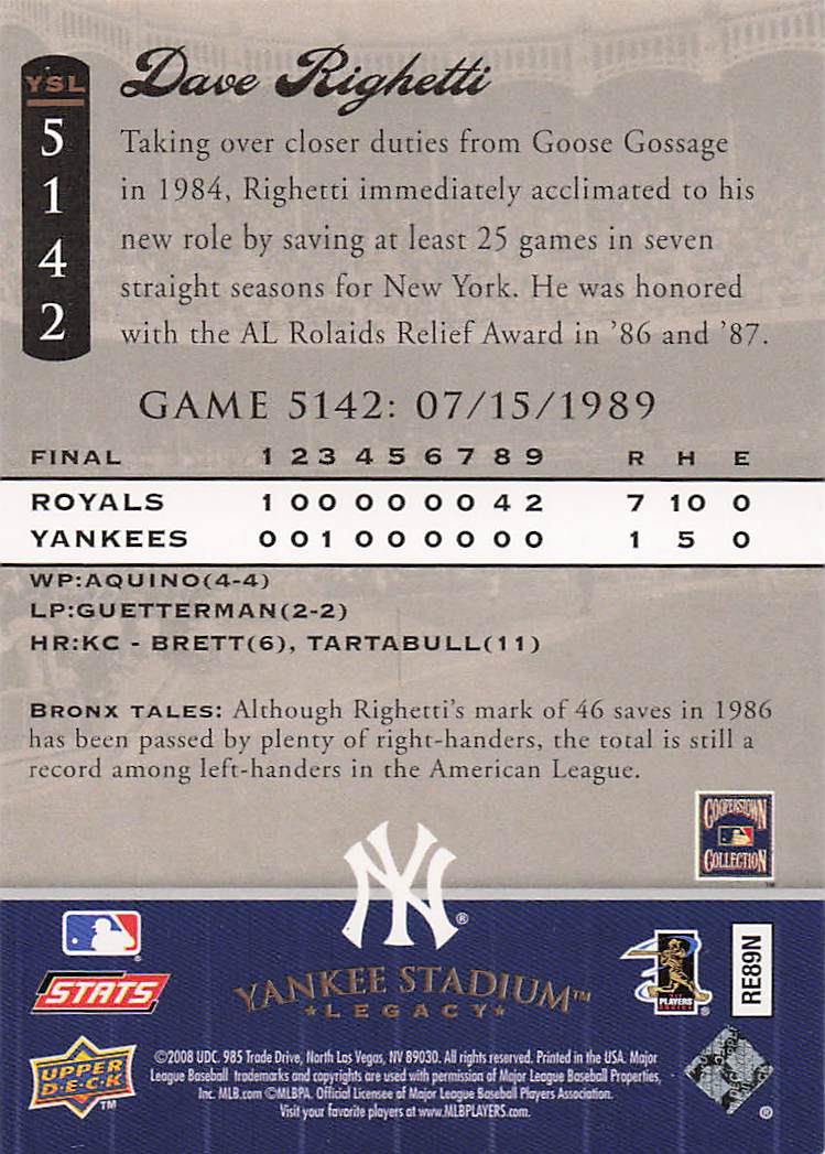 2008 Upper Deck Yankee Stadium Legacy Baseball Dave Righetti #5149