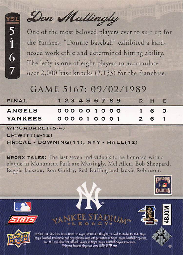 2008 Upper Deck Yankee Stadium Legacy Baseball Don Mattingly #5177