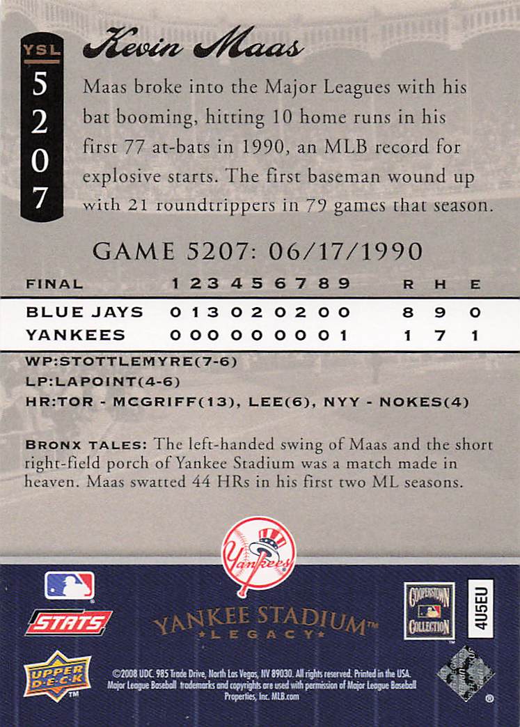 2008 Upper Deck Yankee Stadium Legacy Baseball Kevin Maas #5206