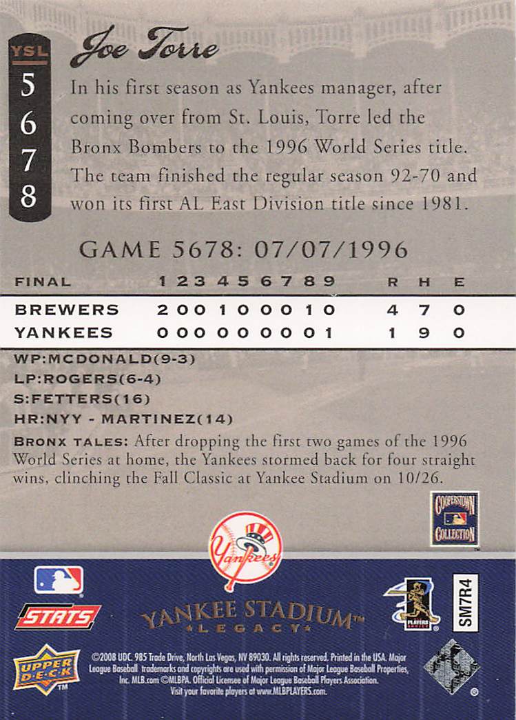 2008 Upper Deck Yankee Stadium Legacy Baseball Joe Torre #5689