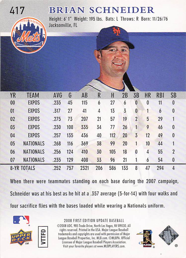 2008 Upper Deck Baseball Brian Schneider #580