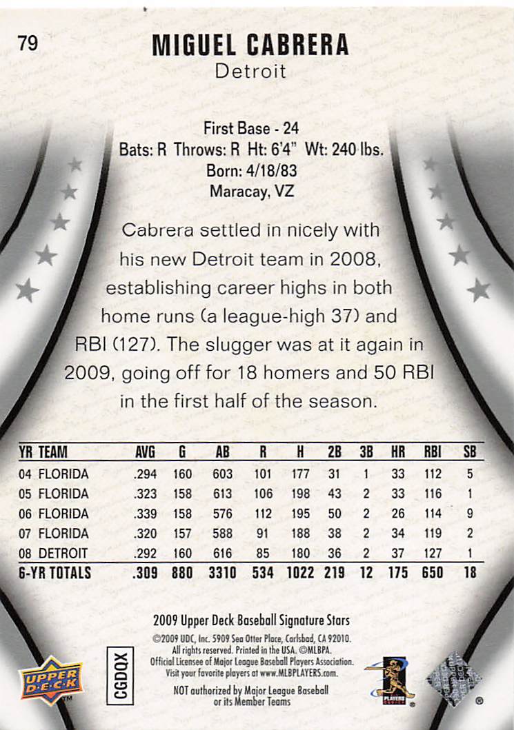 2009 Upper Deck Signature Stars Baseball Miguel Cabrera #79