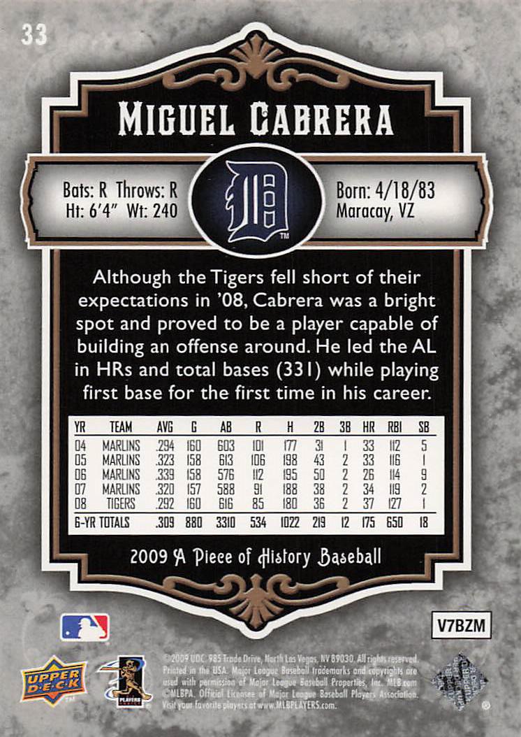 2009 Upper Deck A Piece of History Baseball Miguel Cabrera #33