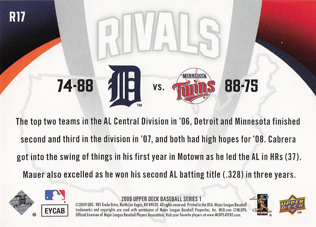2009 Upper Deck Baseball Rivals Miguel Cabrera / Joe Mauer #R17