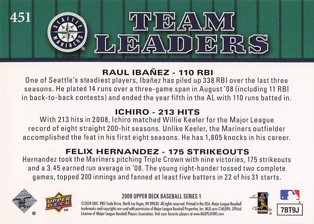 2009 Upper Deck Baseball Raul Ibanez / Ichiro / Felix Hernandez TL #451