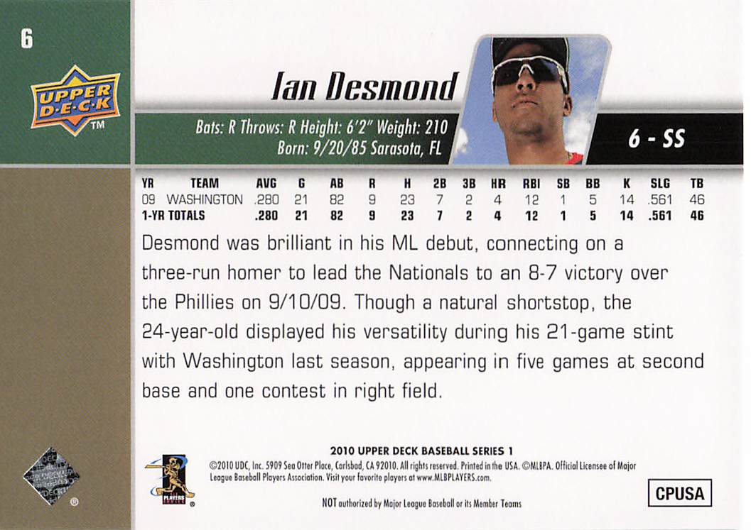 2010 Upper Deck Baseball Ian Desmond #6