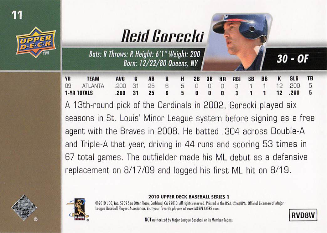 2010 Upper Deck Baseball Reid Gorecki #11