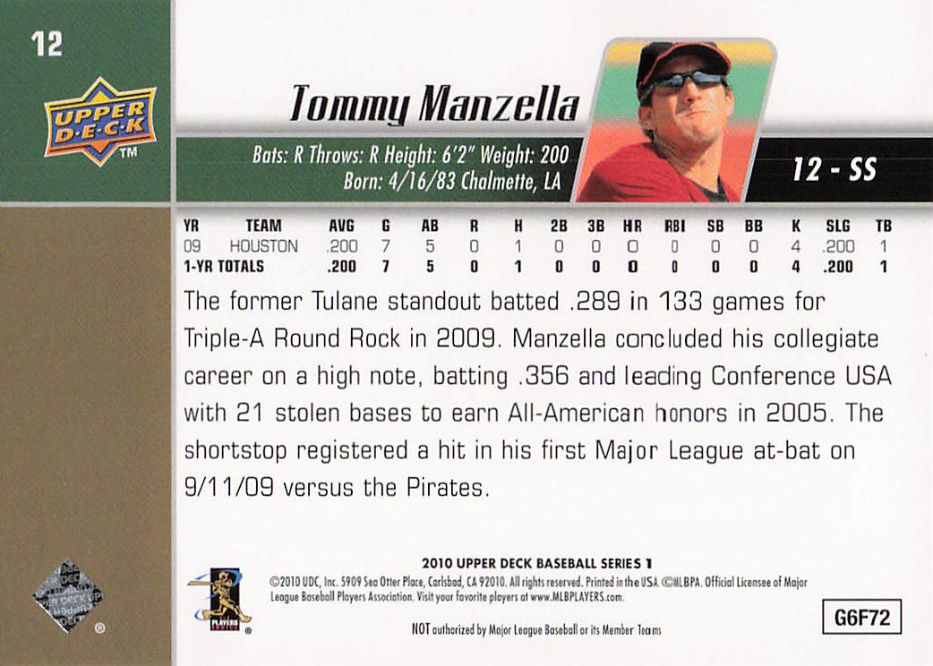 2010 Upper Deck Baseball Tommy Manzella #12