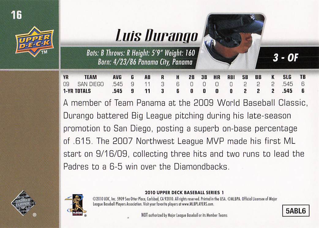 2010 Upper Deck Baseball Luis Durango #16 Rookie