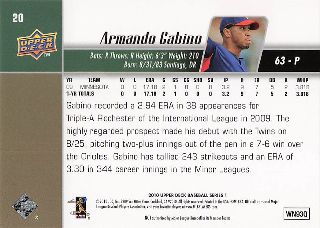 2010 Upper Deck Baseball Armando Gabino #20 Rookie