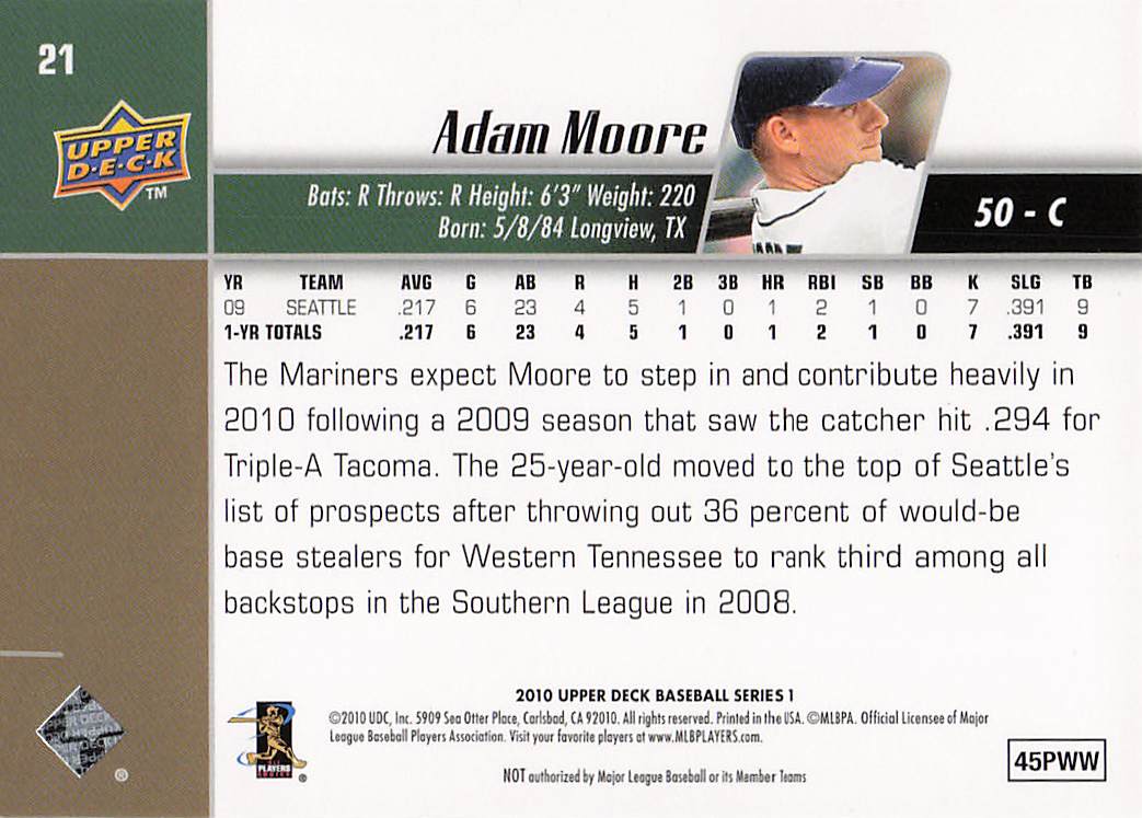 2010 Upper Deck Baseball Adam Moore #21 Rookie