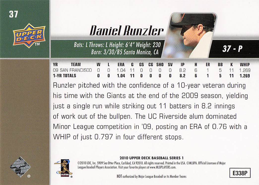 2010 Upper Deck Baseball Dan Runzler #37 Rookie