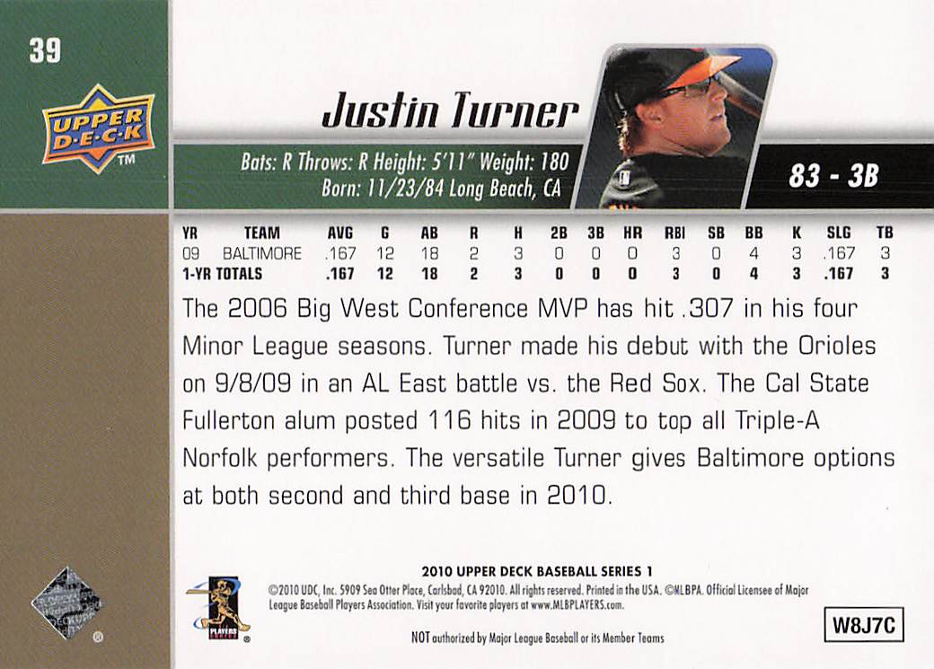 2010 Upper Deck Baseball Justin Turner #39 Rookie
