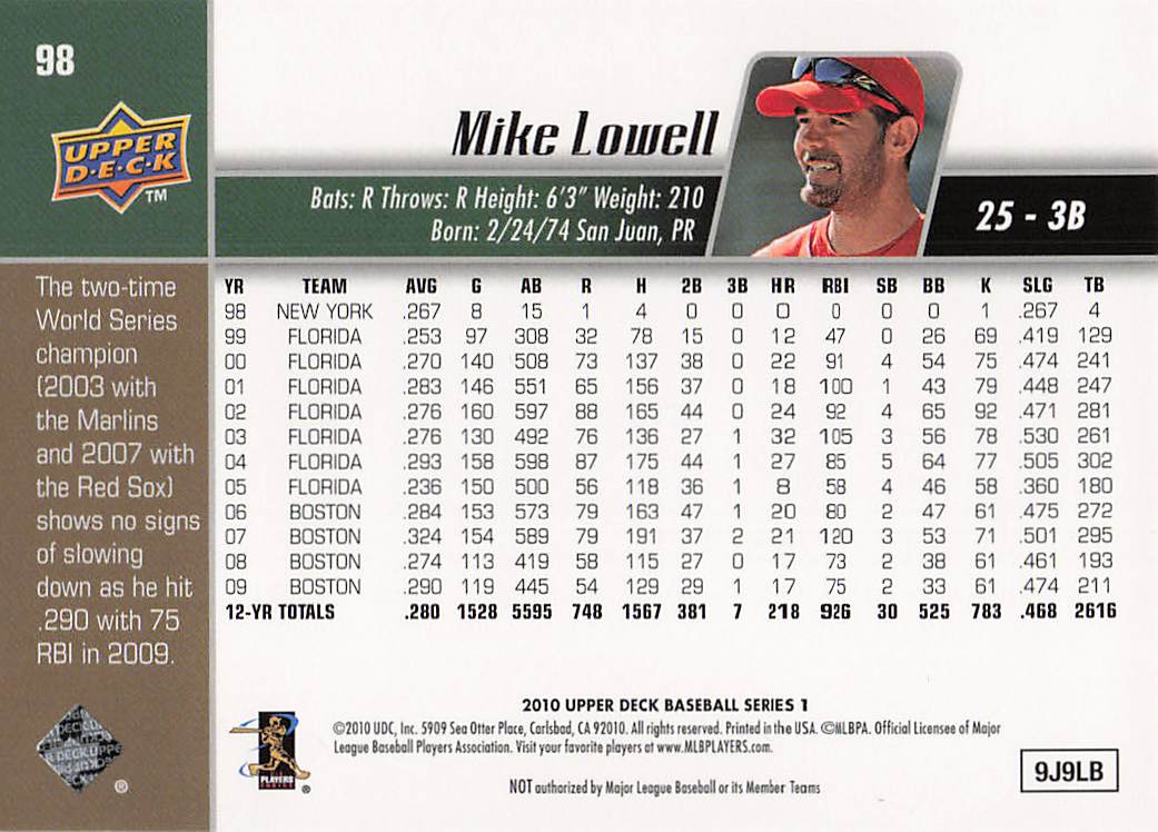 2010 Upper Deck Baseball Mike Lowell #98