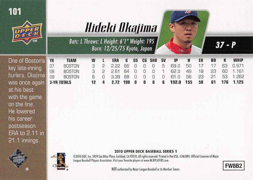 2010 Upper Deck Baseball Hideki Okajima #101