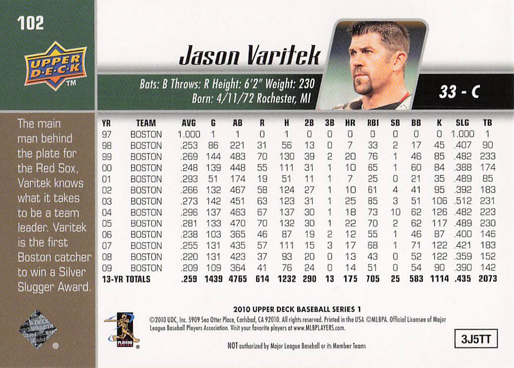 2010 Upper Deck Baseball Jason Varitek #102