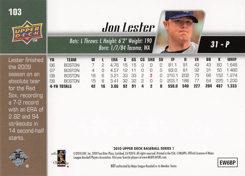 2010 Upper Deck Baseball Jon Lester #103