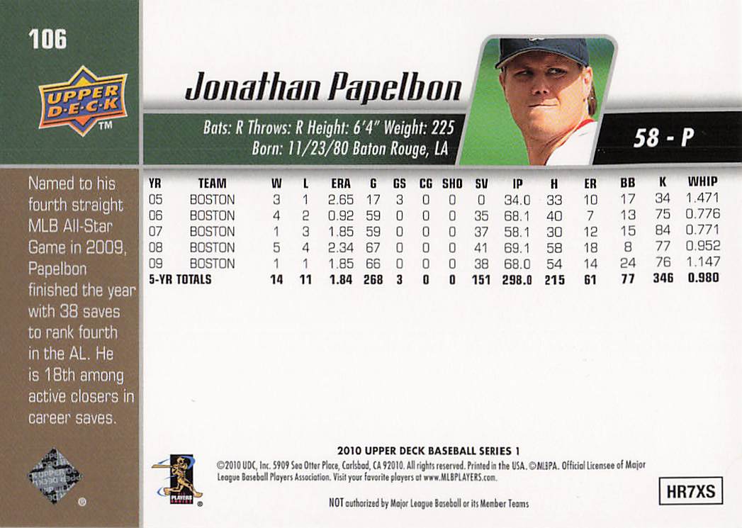 2010 Upper Deck Baseball Jonathan Papelbon #106