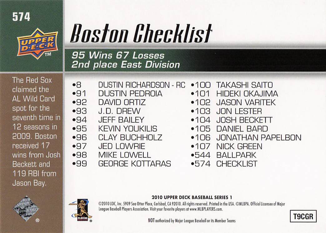 2010 Upper Deck Baseball Red Sox (Dustin Pedroia / Josh Beckett) CL #574