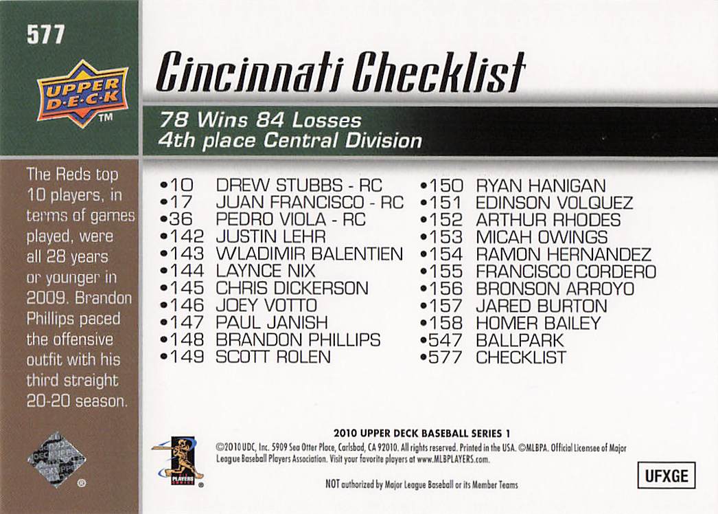 2010 Upper Deck Baseball Reds Checklist (Brandon Phillips / Joey Votto) CL #577