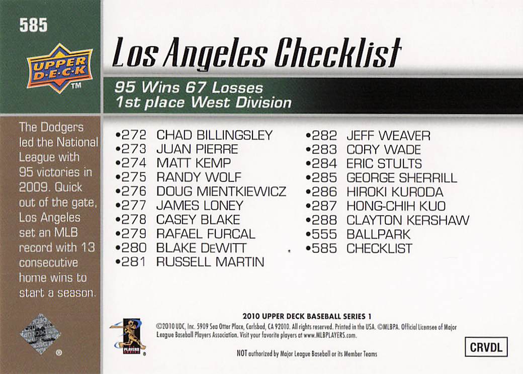 2010 Upper Deck Baseball Dodgers Checklist (Clayton Kershaw / Matt Kemp) CL #585