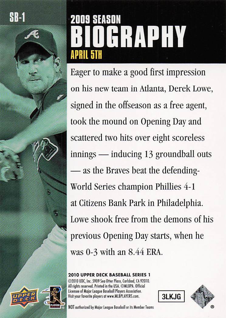 2010 Upper Deck Baseball Season Biography Derek Lowe #SB-1