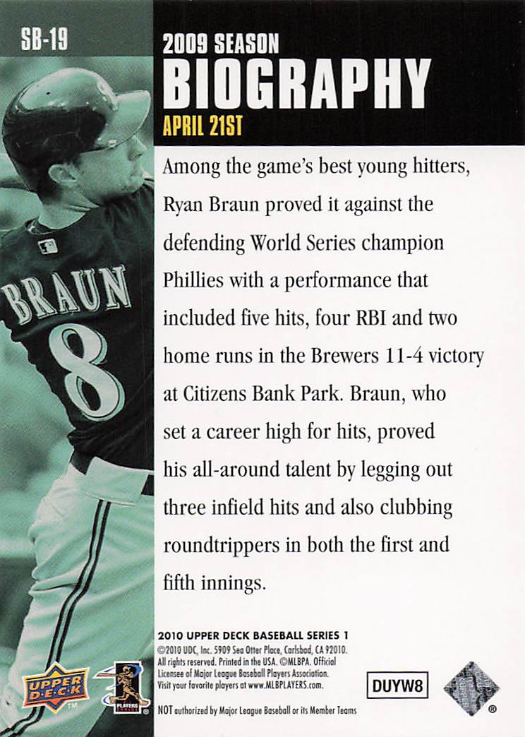2010 Upper Deck Baseball Season Biography Ryan Braun #SB-19