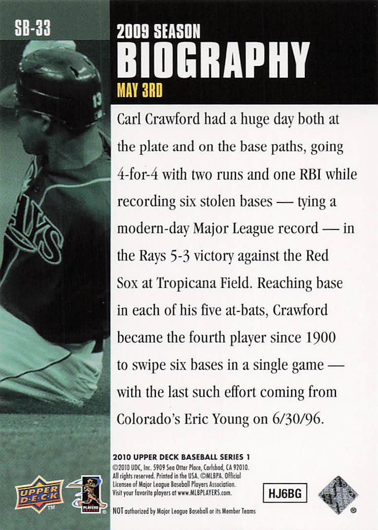 2010 Upper Deck Baseball Season Biography Carl Crawford #SB-33