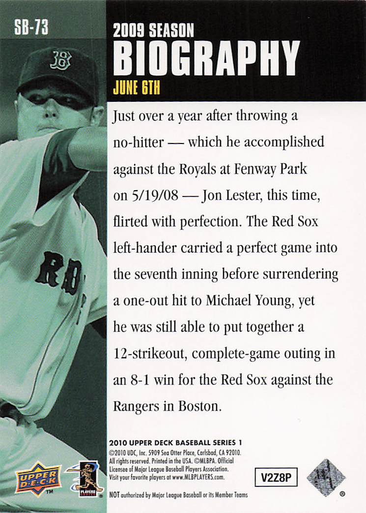 2010 Upper Deck Baseball Season Biography Jon Lester #SB-73