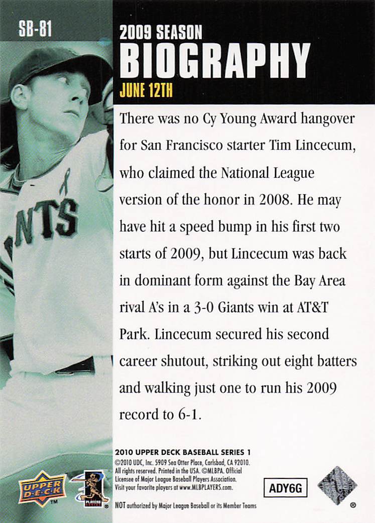 2010 Upper Deck Baseball Season Biography Tim Lincecum #SB-81