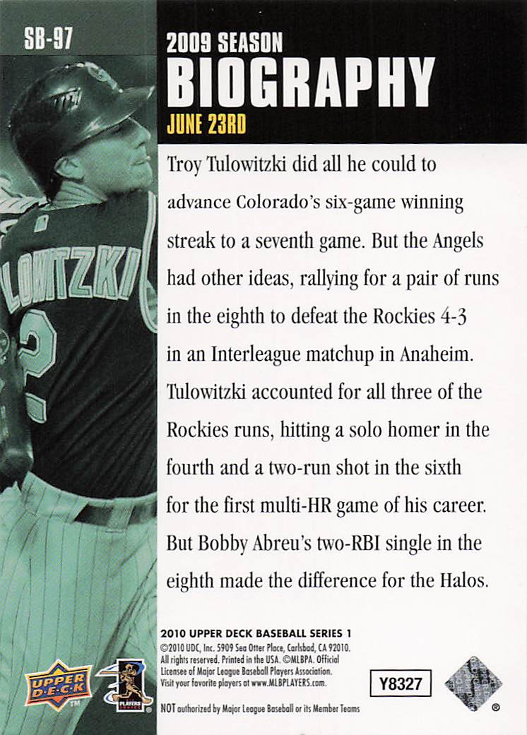 2010 Upper Deck Baseball Season Biography Troy Tulowitzki #SB-97