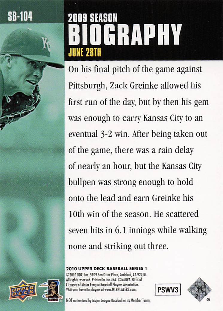 2010 Upper Deck Baseball Season Biography Zack Greinke #SB-104