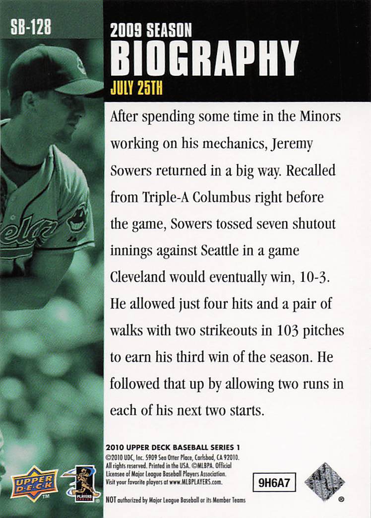 2010 Upper Deck Baseball Season Biography Jeremy Sowers #SB-128