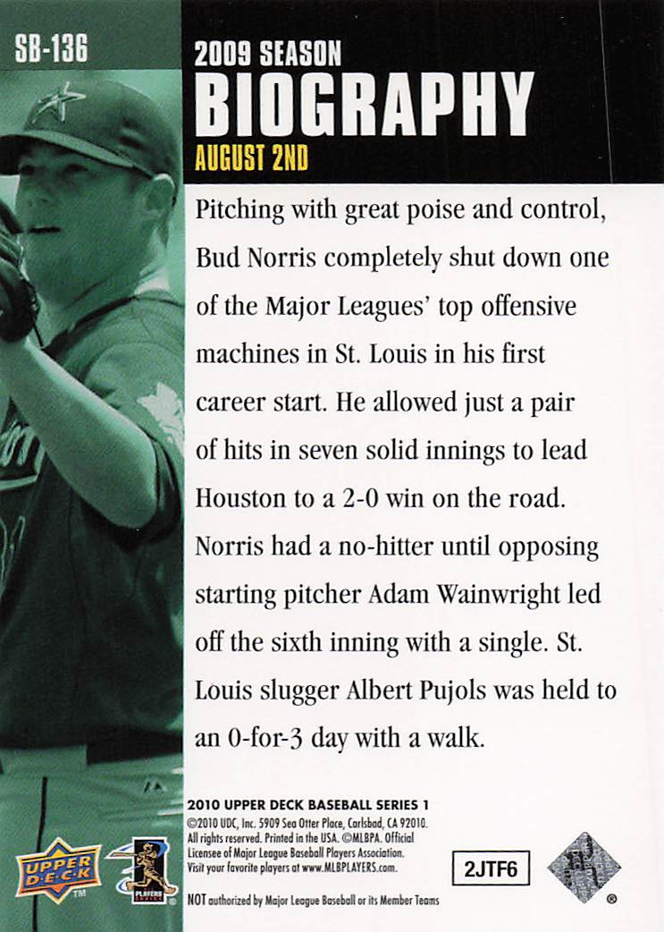 2010 Upper Deck Baseball Season Biography Bud Norris #SB-136
