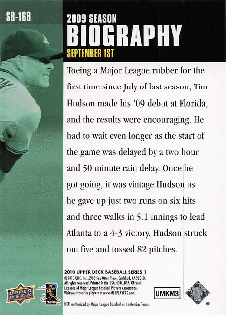 2010 Upper Deck Baseball Season Biography Tim Hudson #SB-168