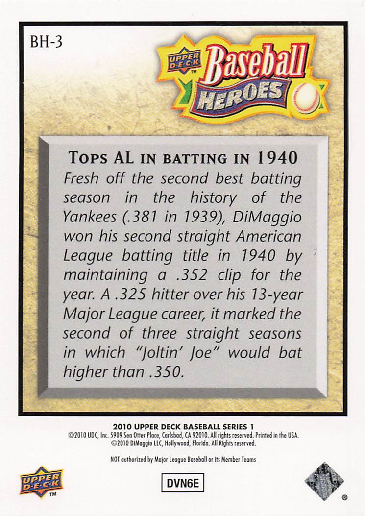 2010 Upper Deck Baseball Baseball Heroes: Joe DiMaggio Joe DiMaggio #BH-3