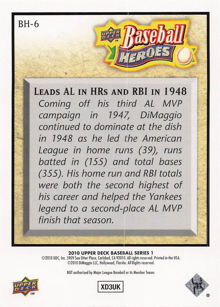 2010 Upper Deck Baseball Baseball Heroes: Joe DiMaggio Joe DiMaggio #BH-6