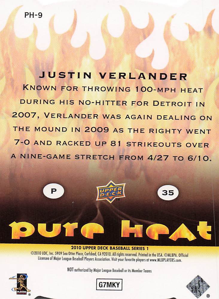 2010 Upper Deck Baseball Pure Heat Justin Verlander #PH-9