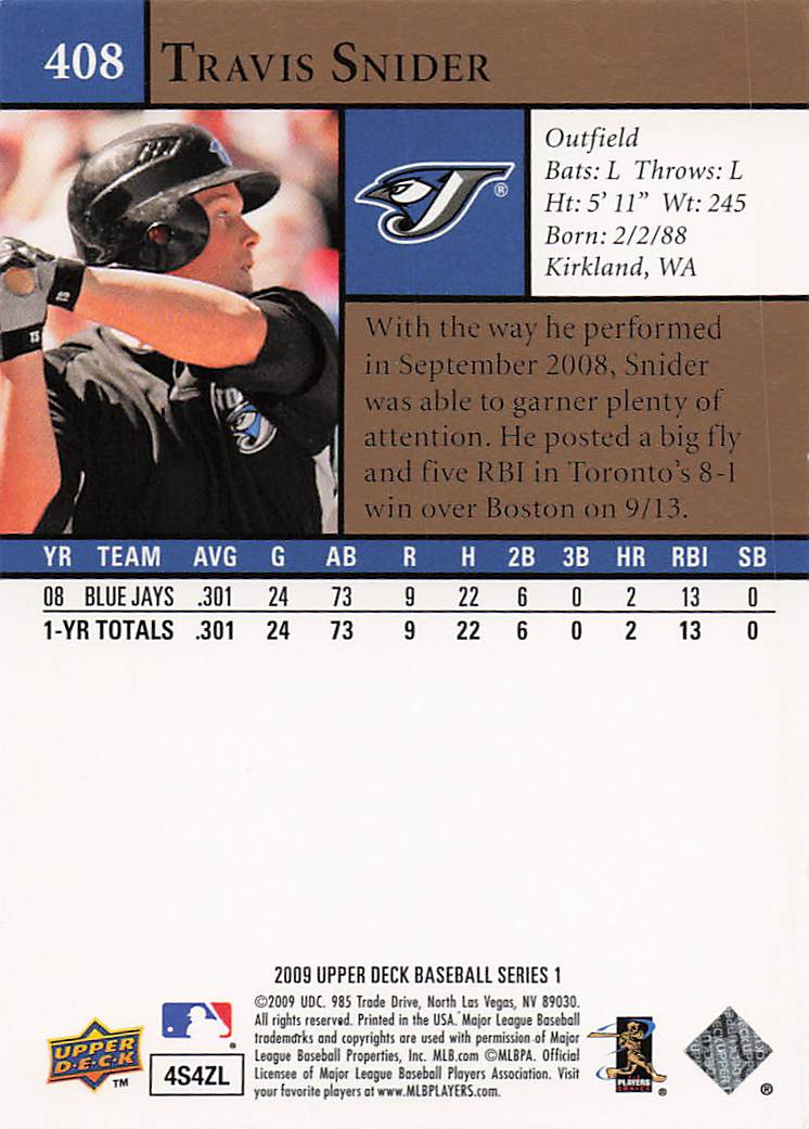 2009 Upper Deck Baseball Travis Snider #408 Rookie