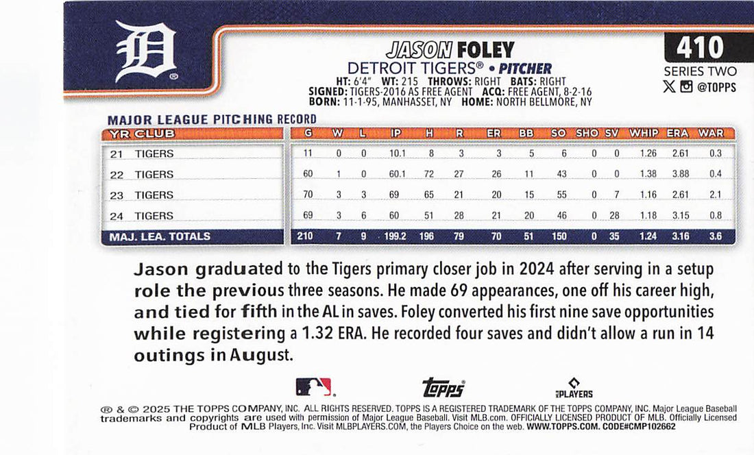 2025 Topps Baseball Topps Foil Pattern Jason Foley #410