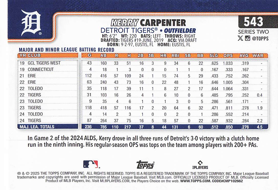 2025 Topps Baseball Holo Foil Kerry Carpenter #543