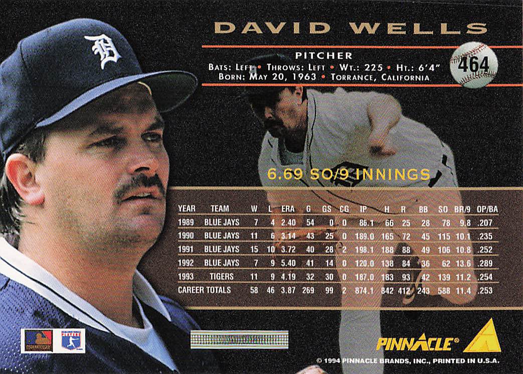1994 Pinnacle Baseball David Wells #464