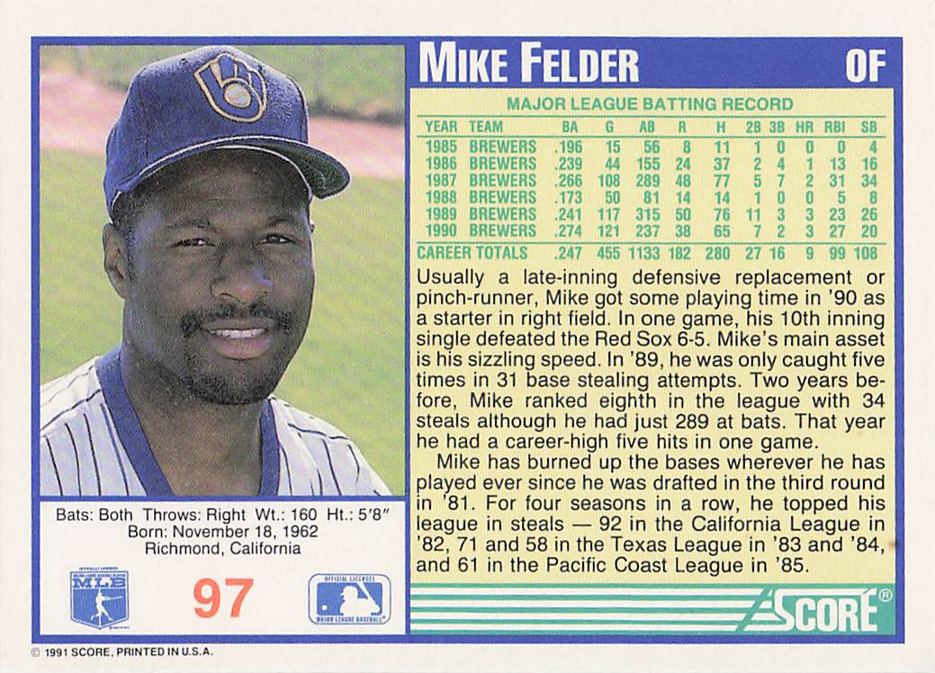 1991 Score Baseball Mike Felder #97