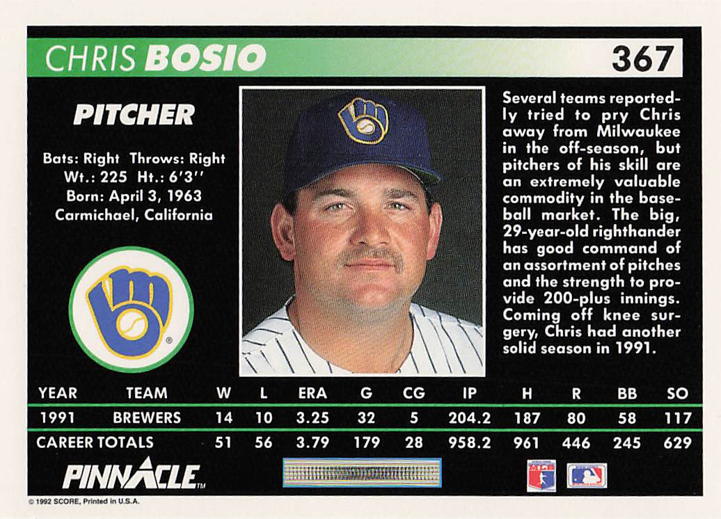 1992 Pinnacle Baseball Chris Bosio #367