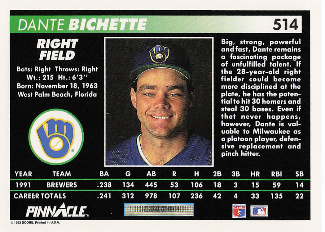1992 Pinnacle Baseball Dante Bichette #514